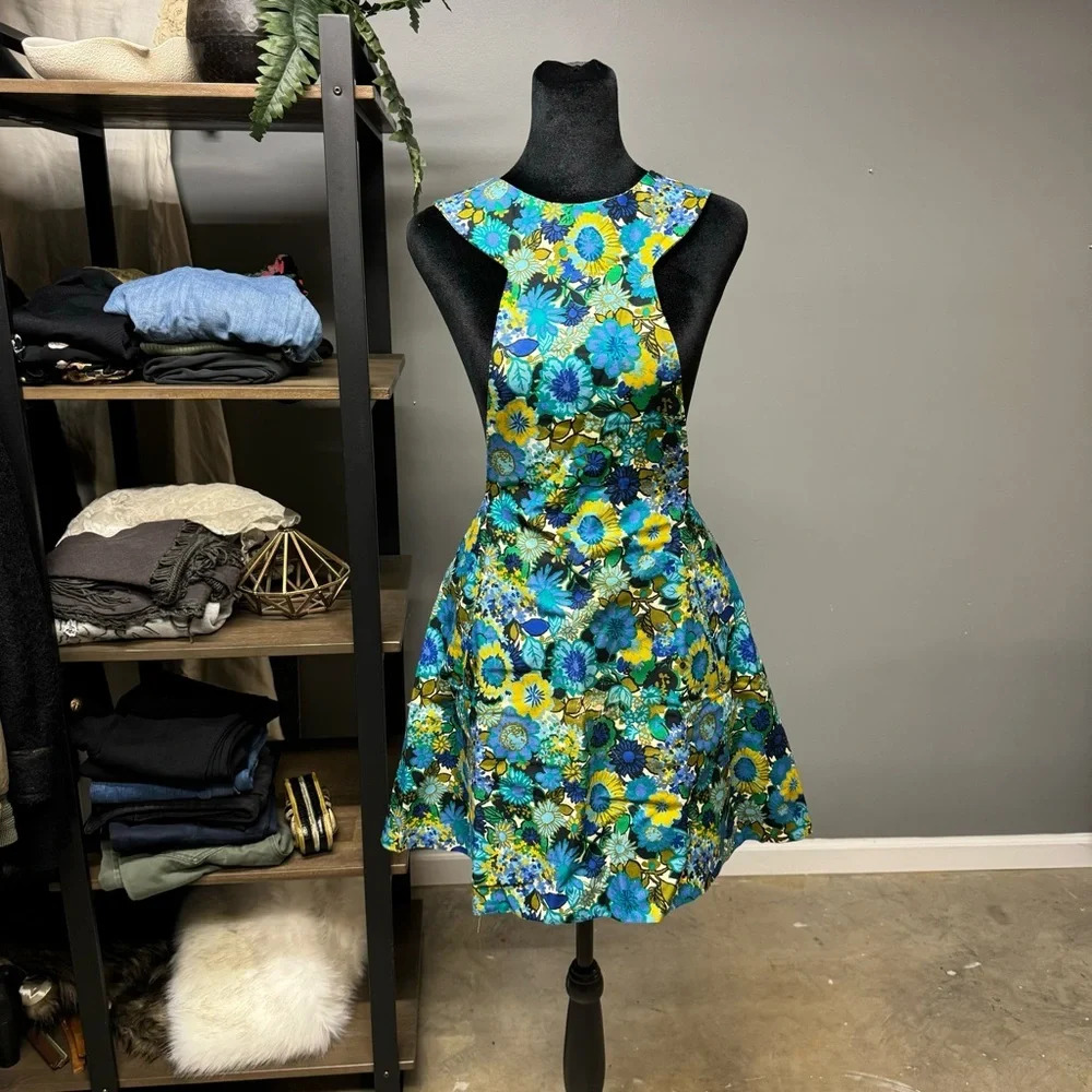 Vintage apron women's XS blue green floral midcentury modern